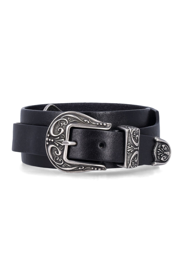 Golden Goose Black Washed Leather Belt With Silver Double Buckle