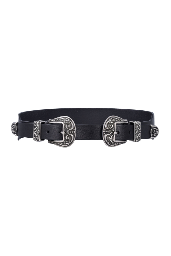 Golden Goose Black Washed Leather Belt With Silver Double Buckle