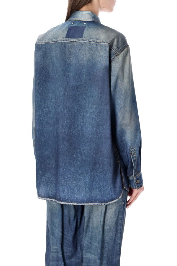 Golden Goose Denim Print Satin Overshirt Shirt - Blue