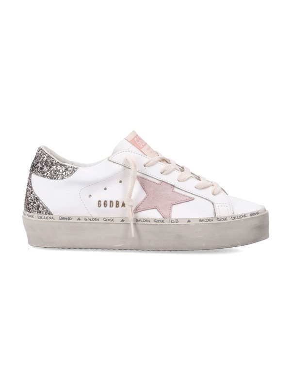 Golden Goose Hi Star Leather and Glitter Sneakers - WHITE/PINK/CINDAR
