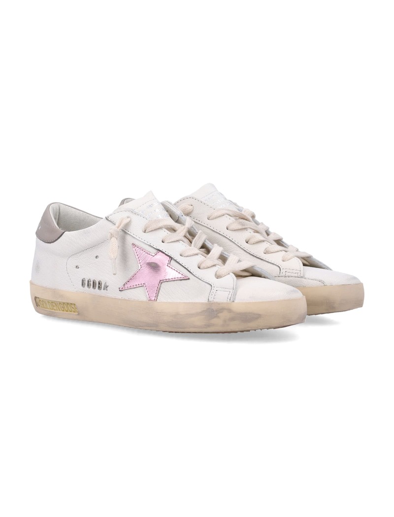 Golden Goose Super-Star White Nappa Sneakers With Pink Metallic Star - White/Pink/Grey