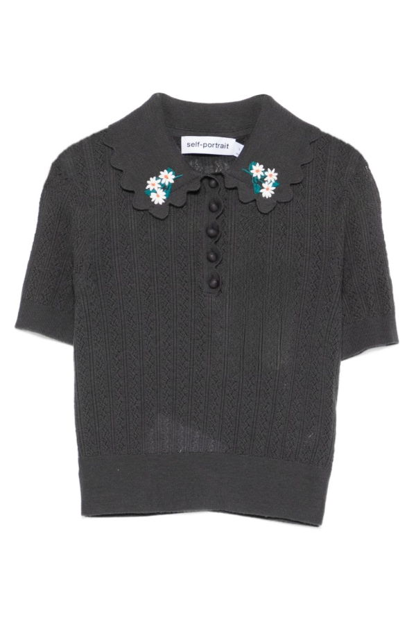 Self-Portrait Wool Embroidered Polo Shirt - Gray