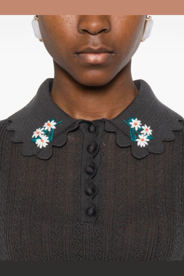 Self-Portrait Wool Embroidered Polo Shirt - Gray