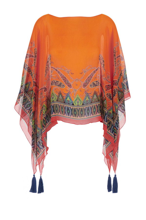 Etro Cape with Front and Rear Print and Tassel Details in Silk - Orange