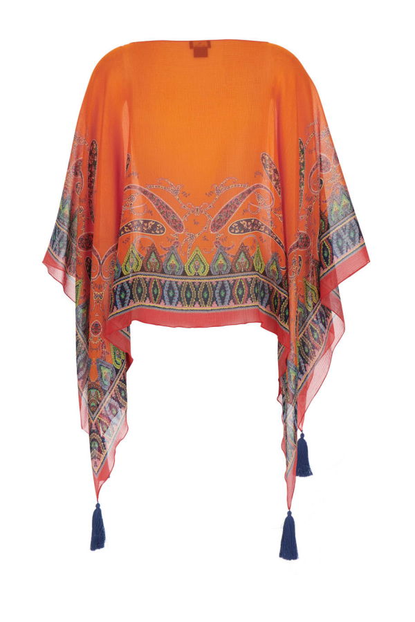 Etro Cape with Front and Rear Print and Tassel Details in Silk - Orange