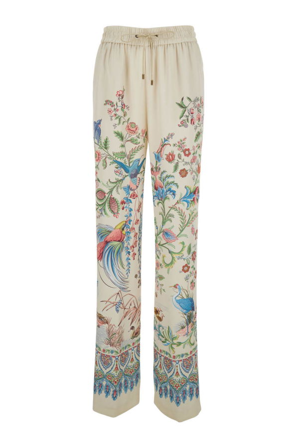 Etro White Pants With Elastic Drawstring Waist And All-over Floral Print In Tech Fabric Pants - White