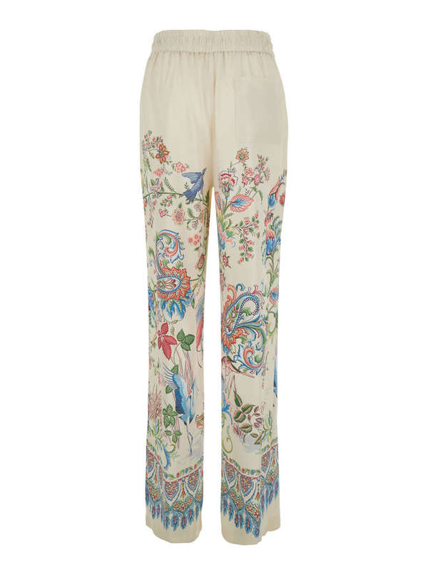 Etro White Pants With Elastic Drawstring Waist And All-over Floral Print In Tech Fabric Pants - White