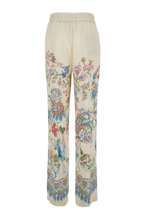Etro White Pants With Elastic Drawstring Waist And All-over Floral Print In Tech Fabric Pants - White