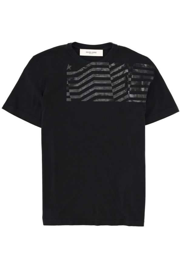 Golden Goose T-Shirt with Flag Print Tee - Black