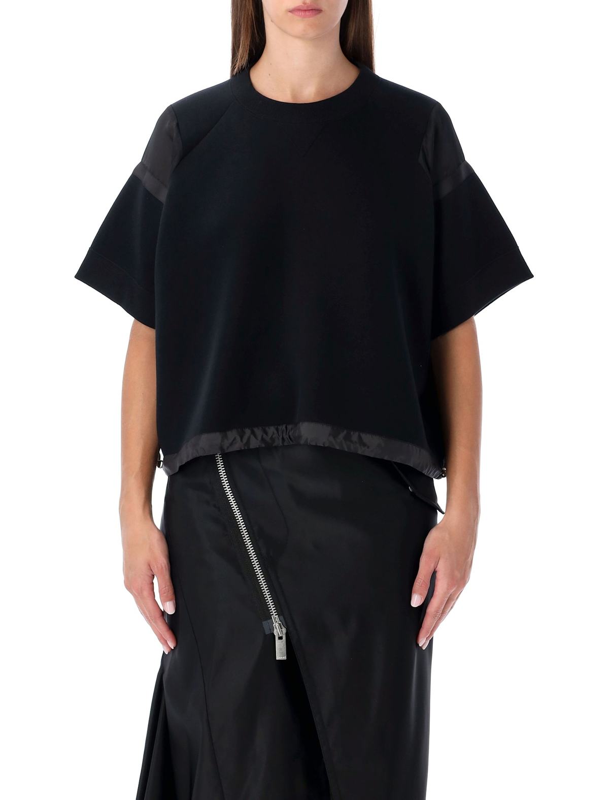 sacai Oversized Technical Cotton T-Shirt With Adjustable Drawstring Hem - Black - Image 1 of 3