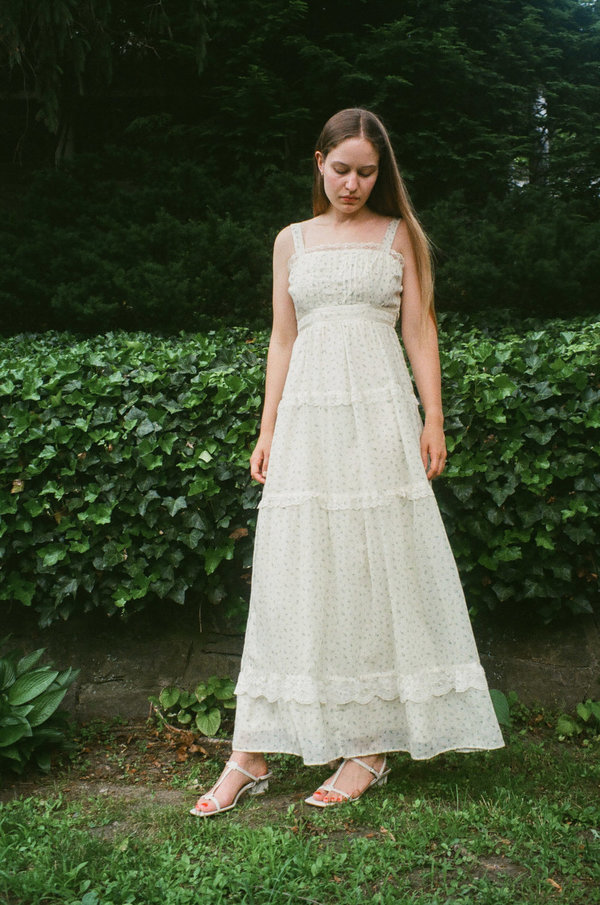 knee length dresses for ladies Vintage 1970s White Cotton Prairie Dress / Danced On Meadows Dress main image 0
