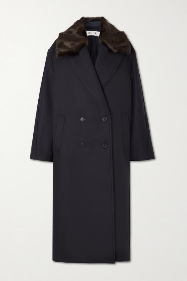 Róhe Double-Breasted Coat with Faux Fur Collar