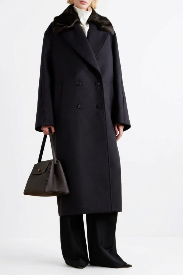 Róhe Double-Breasted Coat with Faux Fur Collar