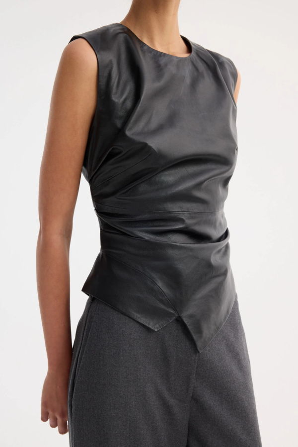 Rohe Sleeveless Draped Leather Top - Black