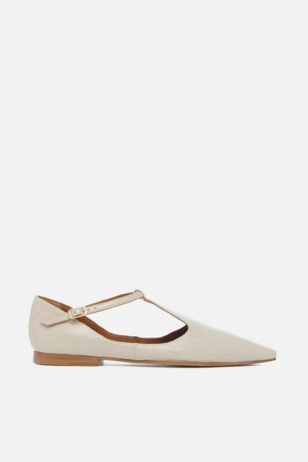 Coclico Celeste T-Strap Flat - Latte Crinkled Patent