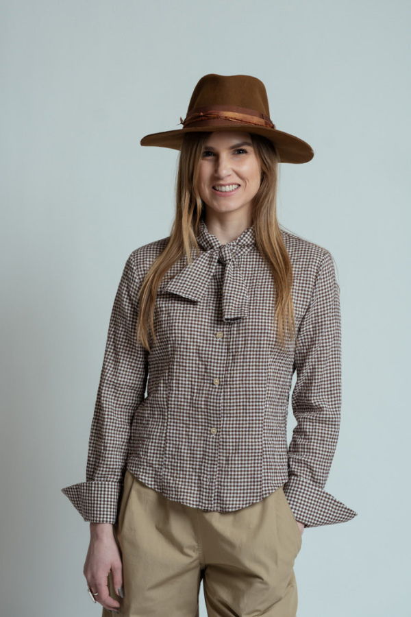 Mona Thalheimer Gingham Tie Blouse - Brown/White