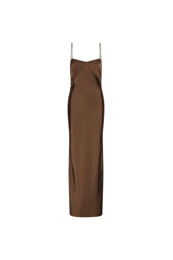ROTATE Birger Christensen Satin Maxi Slip Dress - Dark Brown