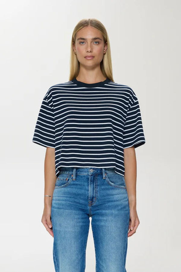 Pistola Mae Cropped Tee - Navy White Stripe