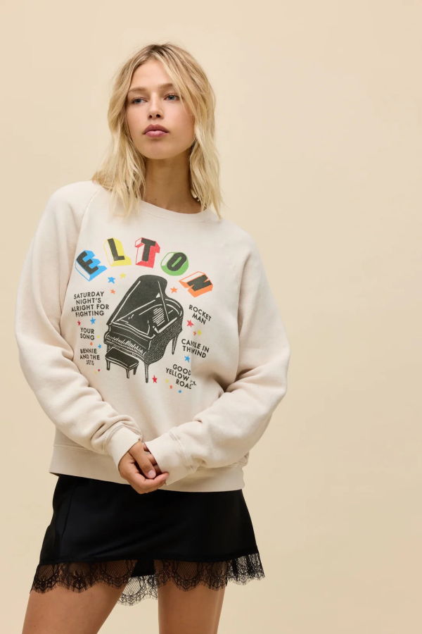 Daydreamer Elton John Rainbow Piano Vintage Raglan Sweatshirt - Dirty White