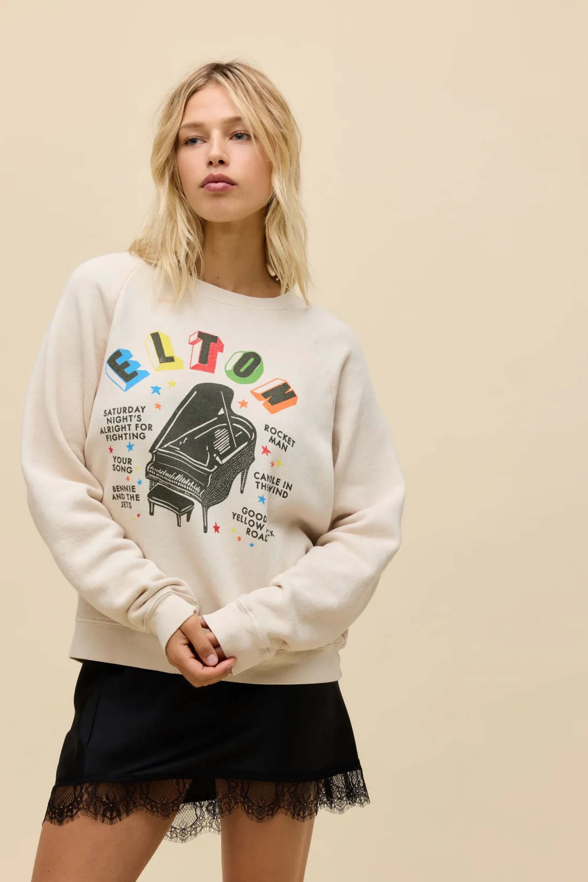 Daydreamer Elton John Rainbow Piano Vintage Raglan Sweatshirt - Dirty White - Image 1 of 6