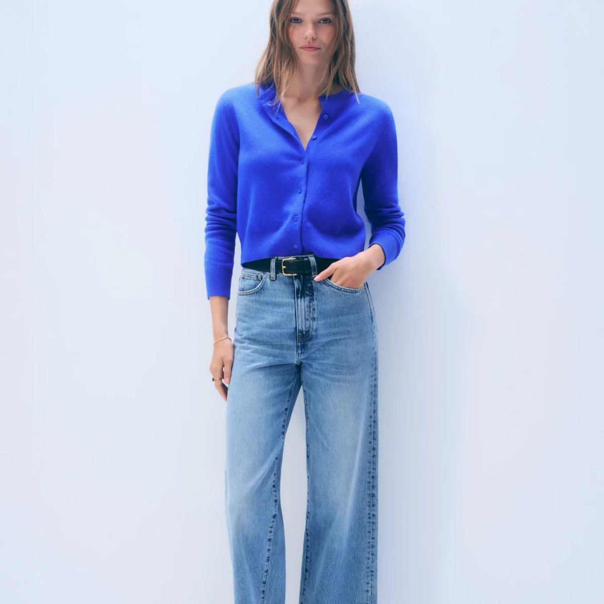 White + Warren Cashmere Crewneck Cardigan - Cobalt - Image 1 of 4