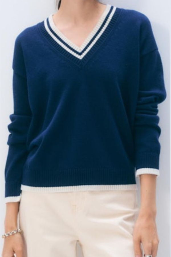White + Warren Varsity Cotton V-Neck Sweater - Navy/White