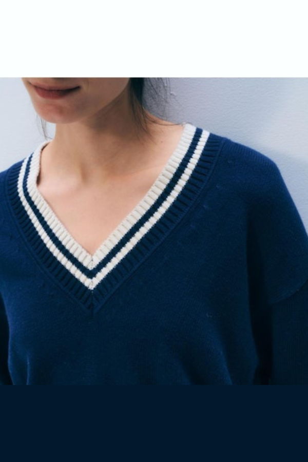 White + Warren Varsity Cotton V-Neck Sweater - Navy/White