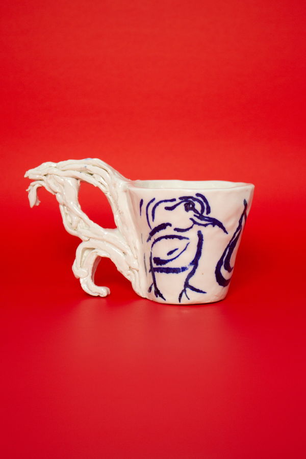 Tulay Kulbay Sculptural Porcelain Cups with Hand Painted Birds