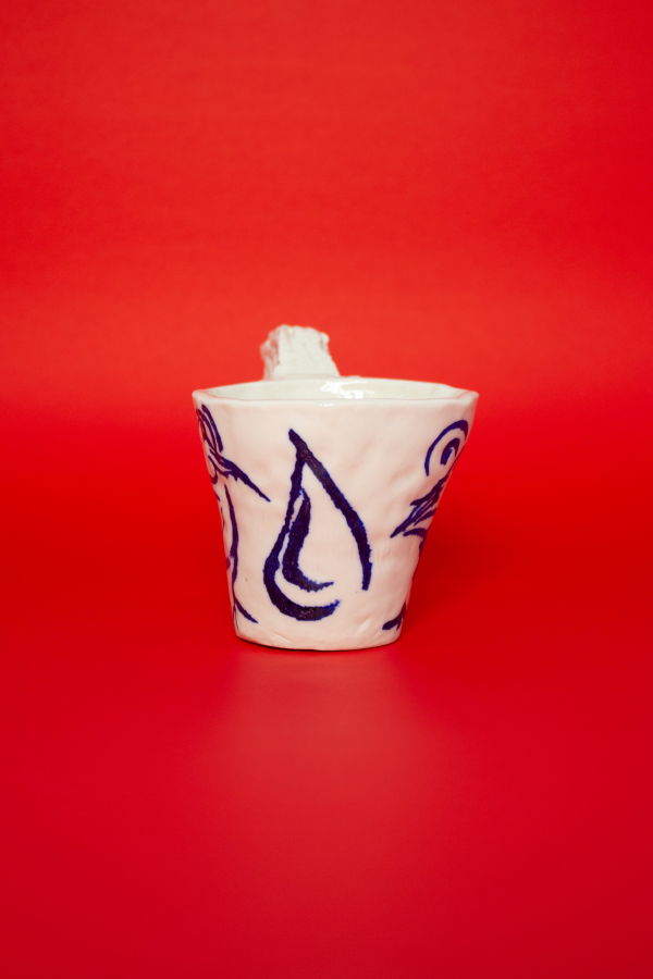 Tulay Kulbay Sculptural Porcelain Cups with Hand Painted Birds