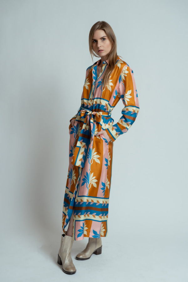 Odeeh Silk Palm Fans Dress - Caribbean Blue