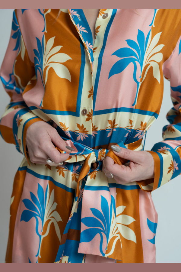 Odeeh Silk Palm Fans Dress - Caribbean Blue