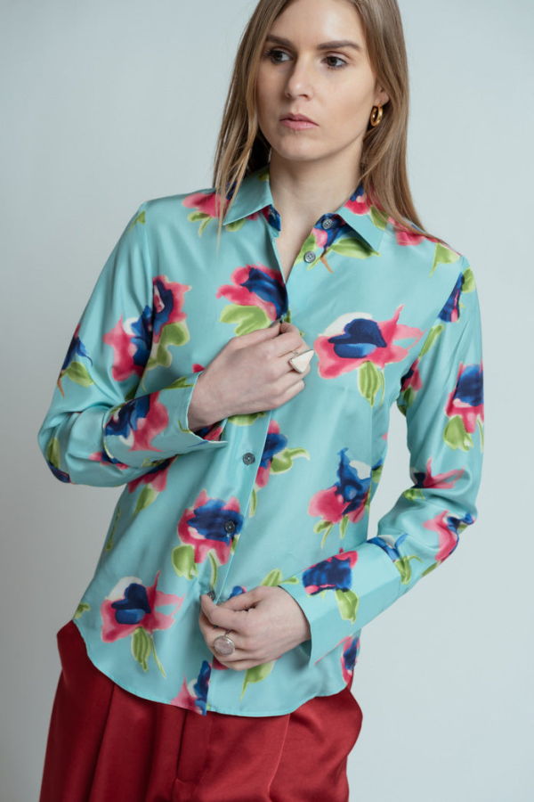 Odeeh Laguna Silk Aquarell Flowers Blouse - Laguna