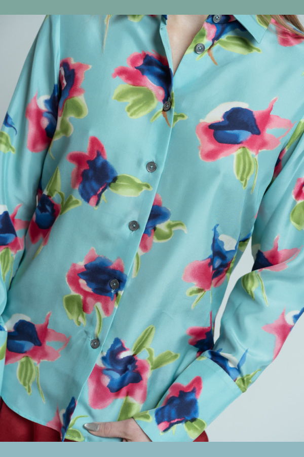 Odeeh Laguna Silk Aquarell Flowers Blouse - Laguna