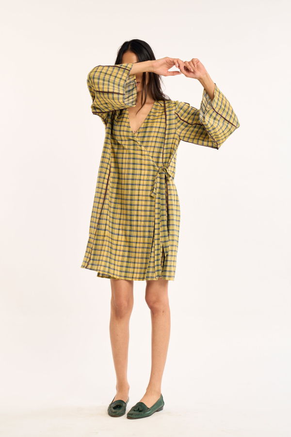 RUJUTA SHETH Kora Wrap Dress Pollen Chex