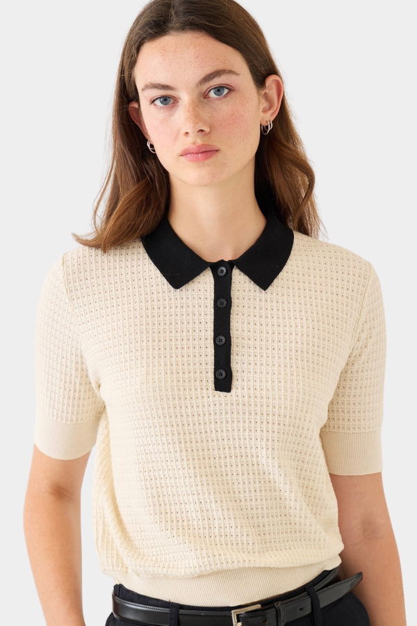 demylee Celia Waffle Pointelle Cotton Polo Top - Ecru/Black
