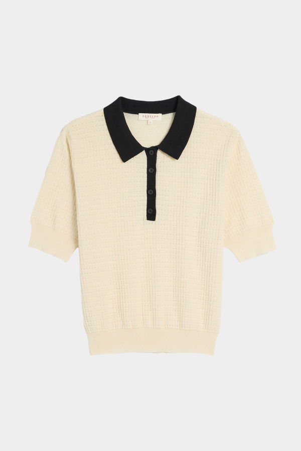 demylee Celia Waffle Pointelle Cotton Polo Top - Ecru/Black