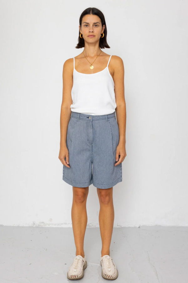 FOLK Boyfriend Shorts in Light Blue Ticking Stripe