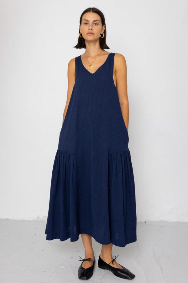 FOLK Sarah Dress in Deep Navy Seersucker Dress