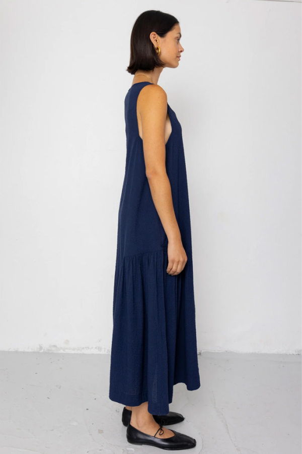 FOLK Sarah Dress in Deep Navy Seersucker Dress