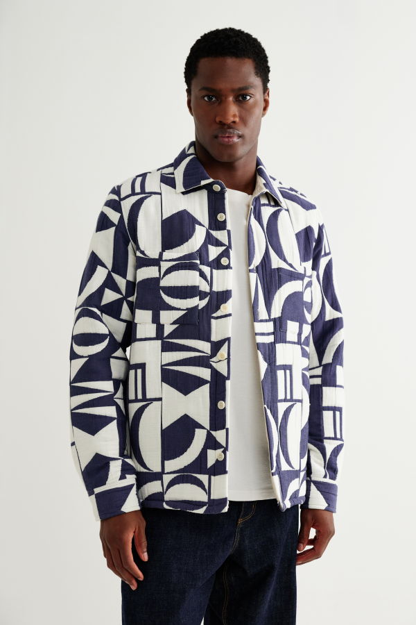 Wax London Blue Ecru Geo Block Quilt Otto Overshirt