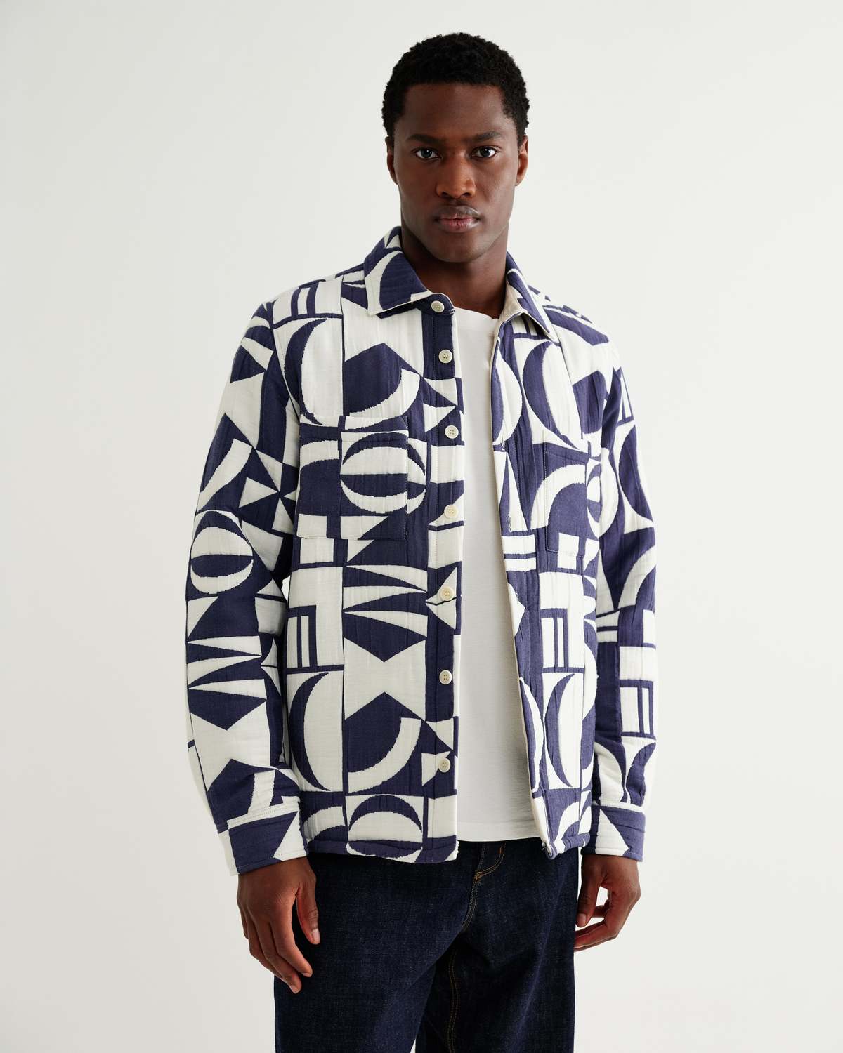 Wax London Blue Ecru Geo Block Quilt Otto Overshirt - Image 1 of 5