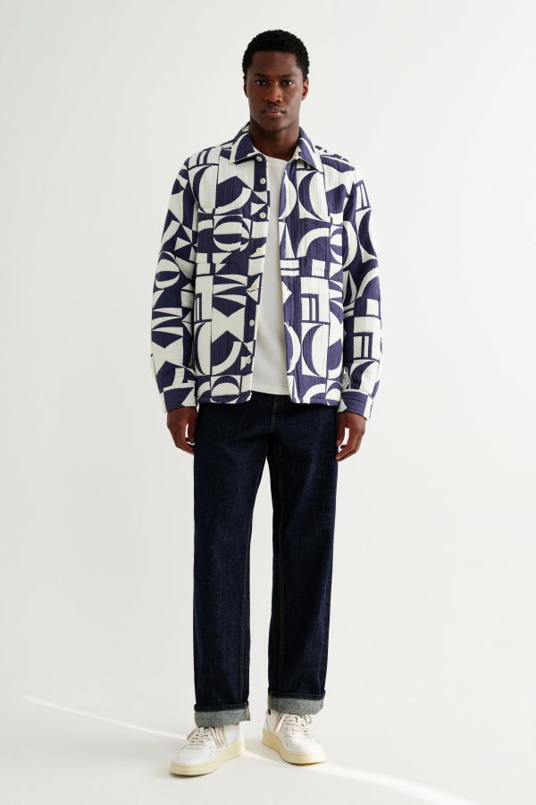 Wax London Blue Ecru Geo Block Quilt Otto Overshirt