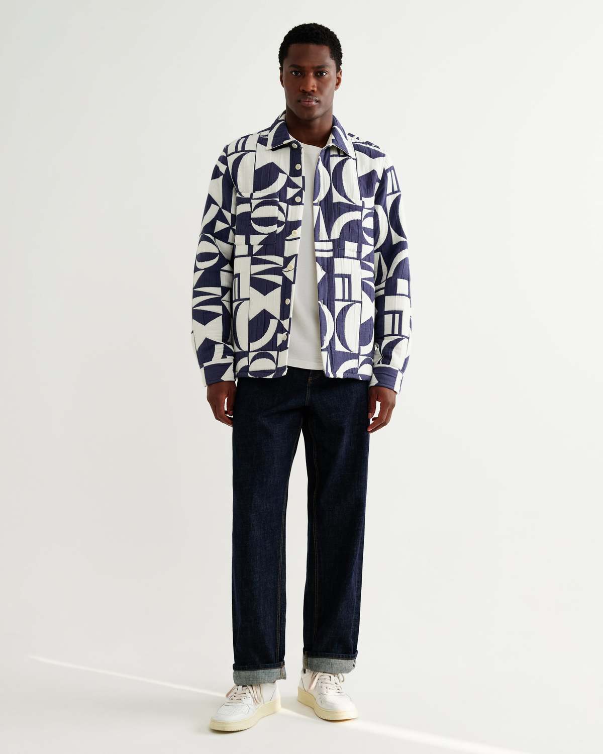 Wax London Blue Ecru Geo Block Quilt Otto Overshirt - Image 2 of 5