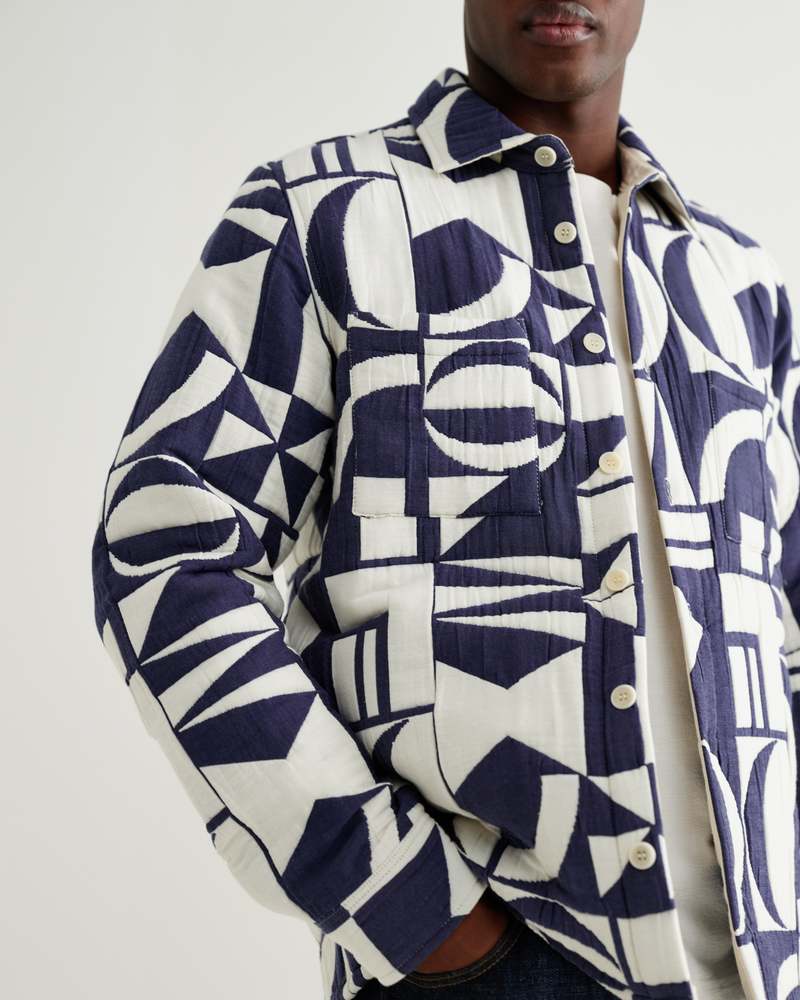 Wax London Blue Ecru Geo Block Quilt Otto Overshirt