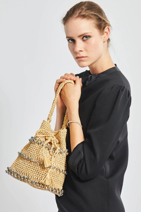 Maria La Rosa Crystal Bucket Handbag - Natural