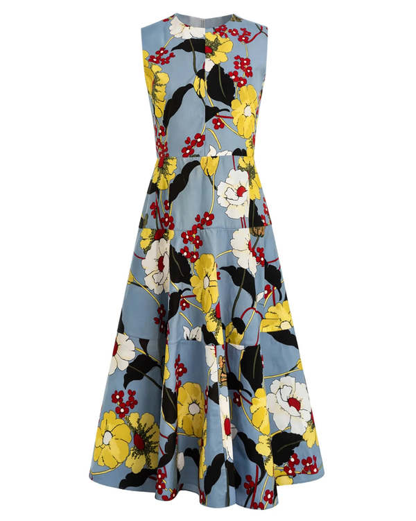 Marni Poplin Midi Dress with Melodia Flowers Print - Blue
