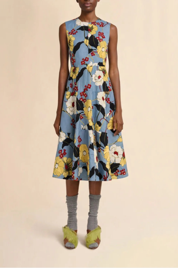 Marni Poplin Midi Dress with Melodia Flowers Print - Blue