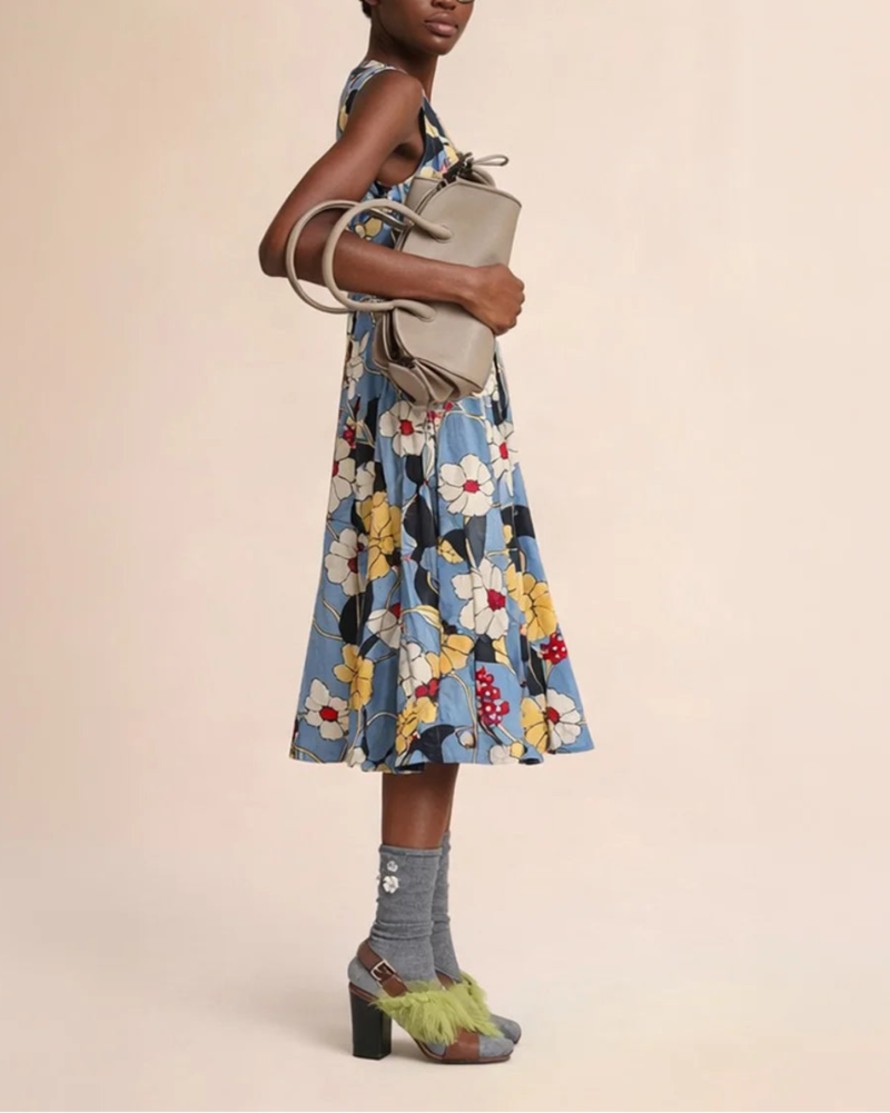 Marni Poplin Midi Dress with Melodia Flowers Print - Blue