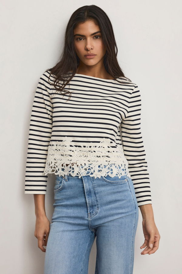 Veronica Beard Hovey Striped Lace T-Shirt Top