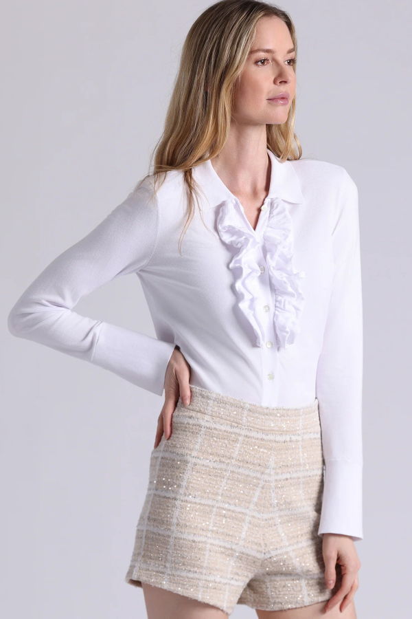 Minnie Rose Long Sleeve Collared Ruffle Shirt - White